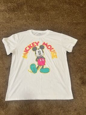 Disney White Mickey Mouse Graphic Tee with Pink & Teal Accents